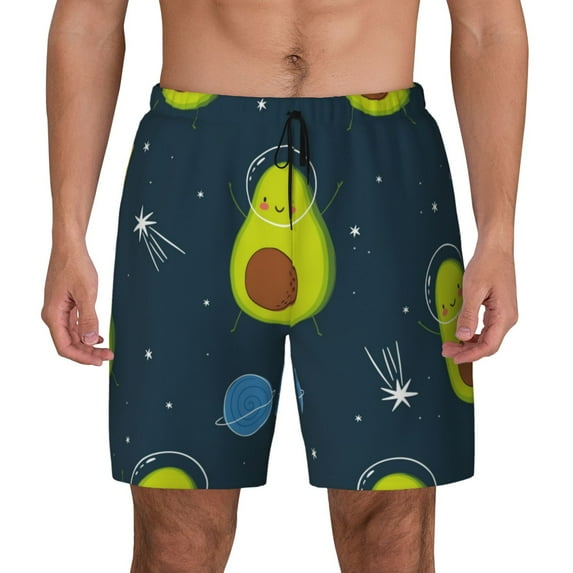 Sigee Avocado in Space Print Mens Swim Trunks with Compression Liner Quick Dry Swim Stretch Beach Shorts with Pockets,S-3XL