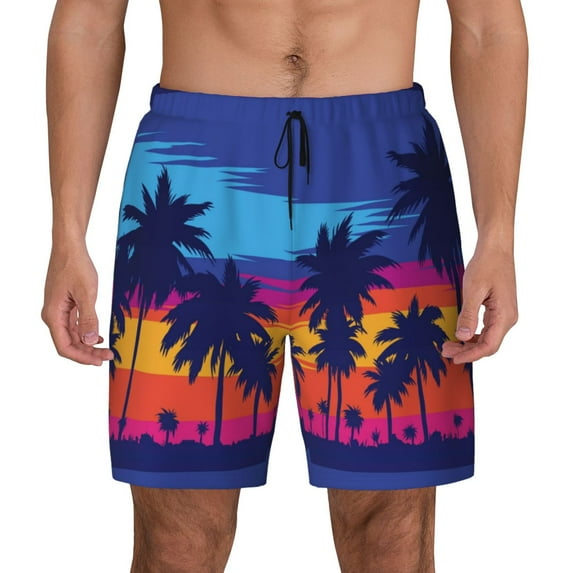 Sigee Beach with Palm Trees Print Mens Swim Trunks with Compression Liner Quick Dry Swim Stretch Beach Shorts with Pockets,S-3XL