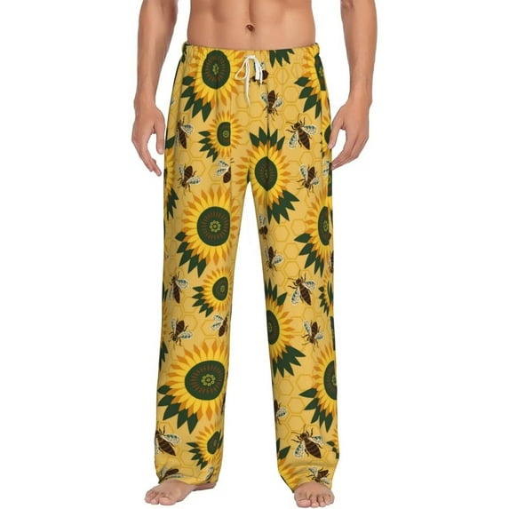 Sigee Bees and Sunflowers Print Men's Pajama Pants - Soft Lounge Sleep Bottoms with Elastic Waistband and Pockets-Medium