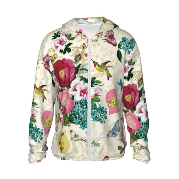 Sigee Bird Butterfly Rose Print UPF50+ Men's Sun Protection Hoodie Shirt SPF UV Shirt Long Sleeve Fishing Outdoor Lightweight, S-3XL