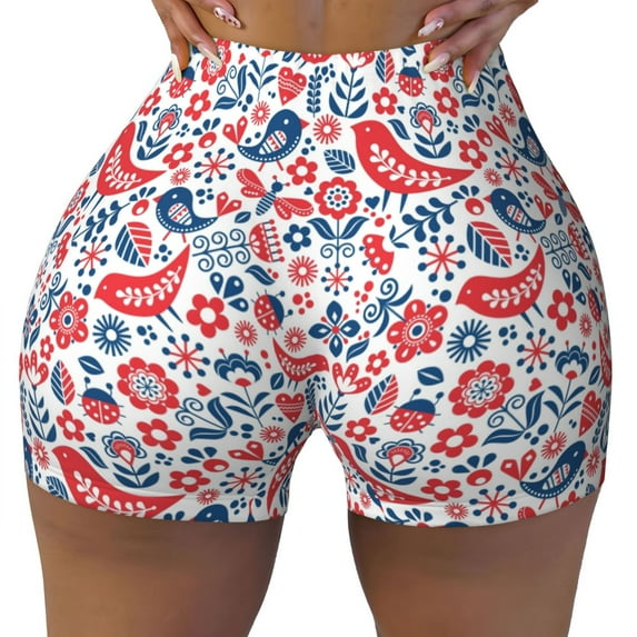 Sigee Birds Flowers Print Women's High Waist Workout Shorts - Squat Proof, Tummy Control, Yoga and Gym Activewear-