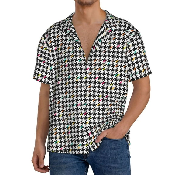 Sigee Black And White Houndstooth for Men's Casual Short Sleeve Button Down Shirts Men's Shirts Summer-Small