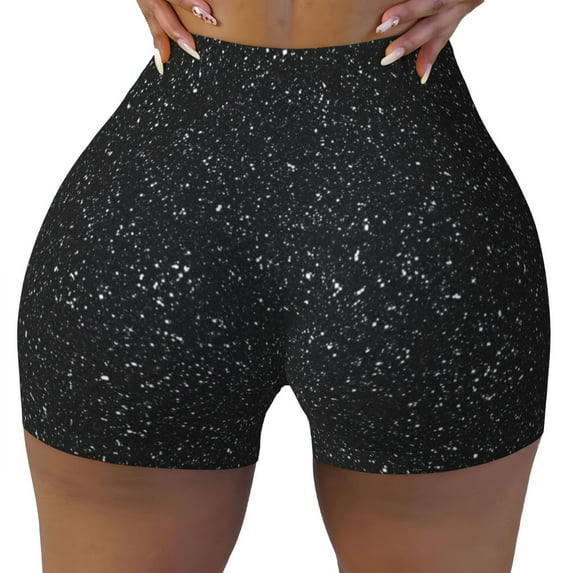 Sigee Black Glitter Print Women's High Waist Workout Shorts - Squat Proof, Tummy Control, Yoga and Gym Activewear-Medium