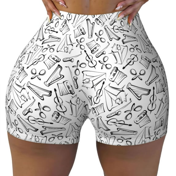 Sigee Black White Music Print Women's High Waist Workout Shorts - Squat Proof, Tummy Control, Yoga and Gym Activewear-