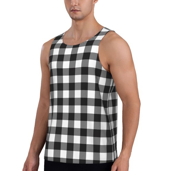 Sigee Black White Plaid for Men's Workout Tank Top, Athletic Gym Sleeveless Shirt - Quick Dry, Lightweight, Breathable Large