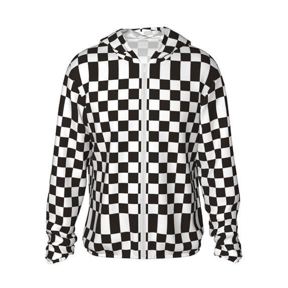 Sigee Black and White Checkerboard Print UPF50+ Men's Sun Protection Hoodie Shirt SPF UV Shirt Long Sleeve Fishing Outdoor Lightweight, S-3XL