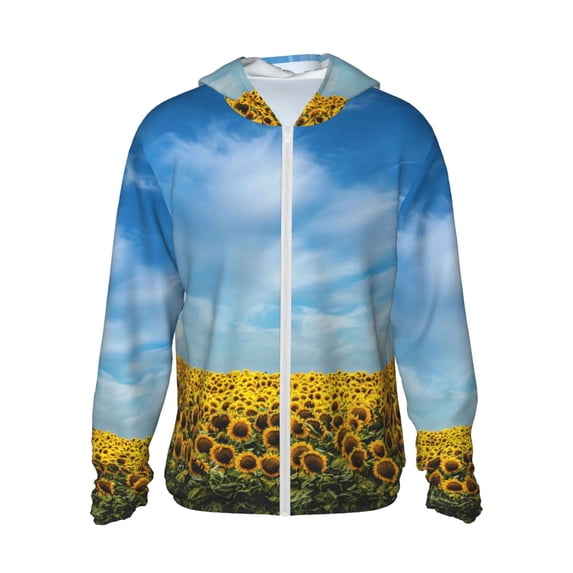Sigee Blooming Sunflower Field Print UPF50+ Men's Sun Protection Hoodie Shirt SPF UV Shirt Long Sleeve Fishing Outdoor Lightweight, S-3XL