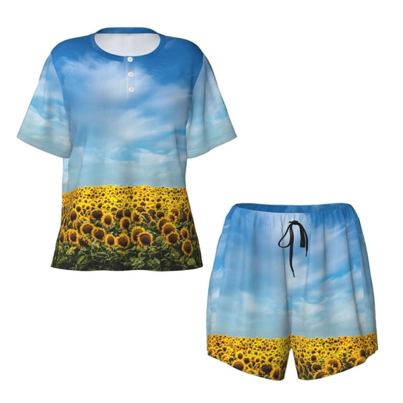 Sigee Blooming Sunflower Field for Sleepwear Casual Pjs with Pockets Women's Pajamas Sets Shorts 2 Piece Short Sleeve Lounge Sets 4X-Large
