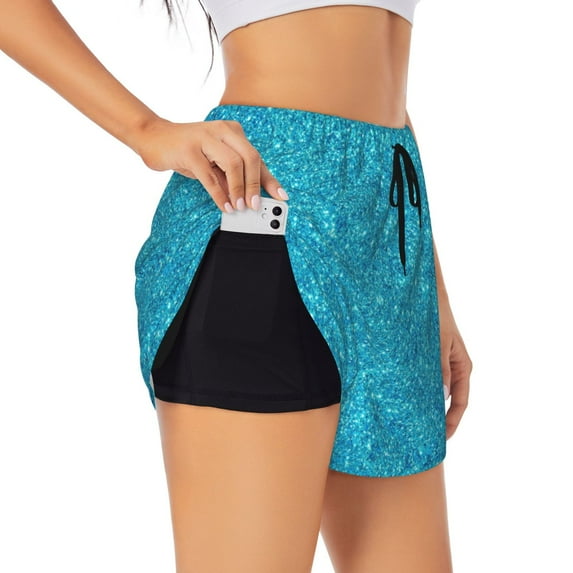 Sigee Blue Glitter for Women's Athletic Shorts High Waisted Running Shorts Pocket Sporty Short Gym Elastic Workout ShortsLarge