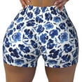 thumbnail image 1 of Sigee Blue Ink Flowers Print Women's High Waist Workout Shorts - Squat Proof, Tummy Control, Yoga and Gym Activewear-Large, 1 of 9