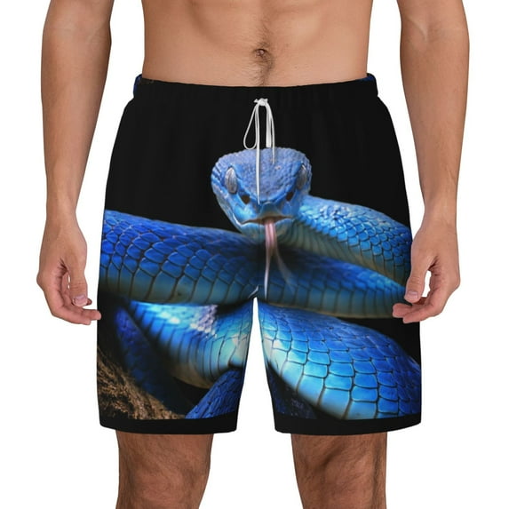 Sigee Blue Viper Snake Print Mens Swim Trunks with Compression Liner Quick Dry Swim Stretch Beach Shorts with Pockets,S-3XL