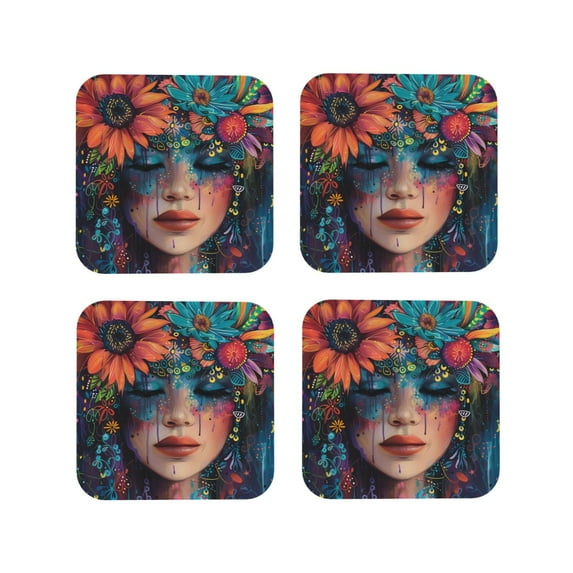Sigee Bohemian Colorful Flower Woman for Water-Resistant, Heat-Resistant, Non-Slip Leather Coasters Set, Ideal for Coffee Table, Office, Bar, Home Decor-Square