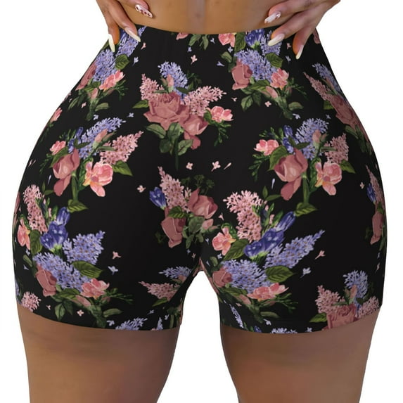 Sigee Bouquet Print Women's High Waist Workout Shorts - Squat Proof, Tummy Control, Yoga and Gym Activewear-