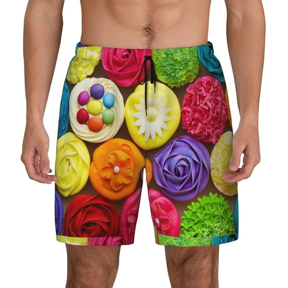 Sigee Brightly Colored Cupcakes Print Mens Swim Trunks with Compression Liner Quick Dry Swim Stretch Beach Shorts with Pockets,S-3XL
