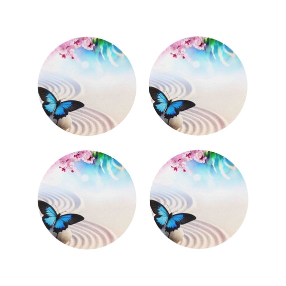 Sigee Butterfly In Blossoms Zen for Water-Resistant, Heat-Resistant, Non-Slip Leather Coasters Set, Ideal for Coffee Table, Office, Bar, Home Decor-Round Shape