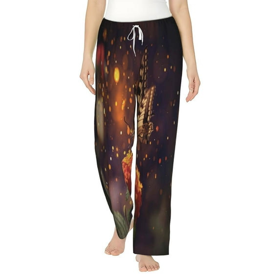 Sigee Butterfly Sitting on a Flower Print Women's Soft Pajama Pants - Breathable and Comfortable Lounge Sleep Bottoms with Elastic Waistband and Pockets-Small