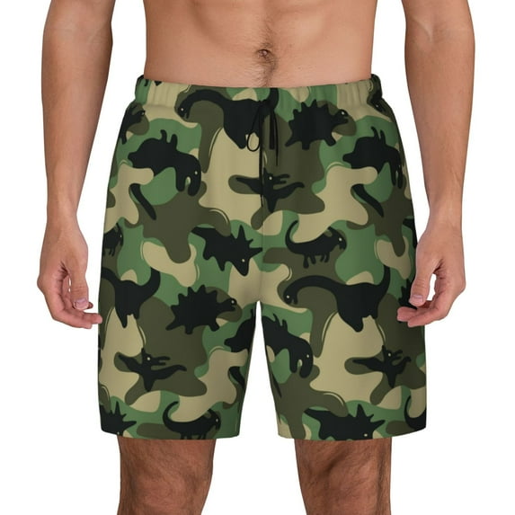 Sigee Camouflage Dinosaur Print Mens Swim Trunks with Compression Liner Quick Dry Swim Stretch Beach Shorts with Pockets,S-3XL