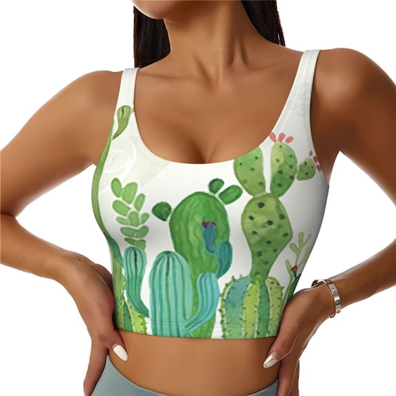 Sigee Cartoon Cactus for Womens' Sports Vest with Performance Stretch and Quick Dry Fabric, High Elasticity Running Bra Workout Crop Tank Tops Large