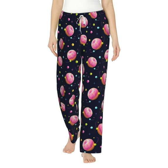 Sigee Cartoon Donut Planets Print Women's Soft Pajama Pants - Breathable and Comfortable Lounge Sleep Bottoms with Elastic Waistband and Pockets-Medium
