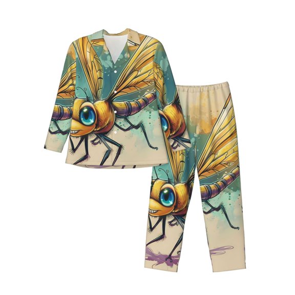 Sigee Cartoon Dragonfly Art for Pajamas for Men Two-piece Men's Sleepwear Long-Sleeved Pjs Sets-Medium