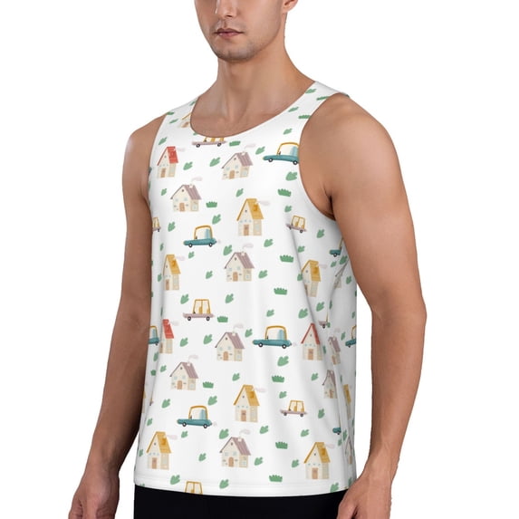 Sigee Cartoon House for Men's Workout Tank Top, Athletic Gym Sleeveless Shirt - Quick Dry, Lightweight, Breathable Small