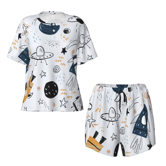 Sigee Cartoon Planets for Sleepwear Casual Pjs with Pockets Women's Pajamas Sets Shorts 2 Piece Short Sleeve Lounge Sets 4X-Large