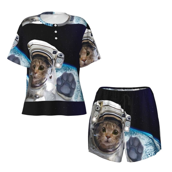 Sigee Cat Astronaut for Sleepwear Casual Pjs with Pockets Women's Pajamas Sets Shorts 2 Piece Short Sleeve Lounge Sets X-Large