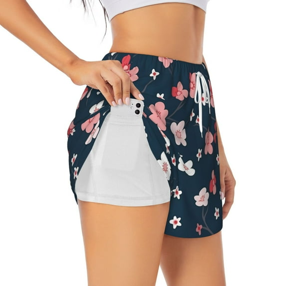 Sigee Cherry Blossoms for Women's Athletic Shorts High Waisted Running Shorts Pocket Sporty Short Gym Elastic Workout ShortsXX-Large