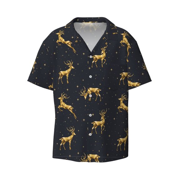 Sigee Christmas Deers Print Men's Shirts Casual Button Down Short Sleeve Summer Beach Shirt Hawaiian Vacation Shirts Tee Shirt-Medium