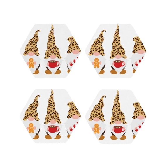 Sigee Christmas Gnomes In Leopard for Water-Resistant, Heat-Resistant, Non-Slip Leather Coasters Set, Ideal for Coffee Table, Office, Bar, Home Decor-Hexagon