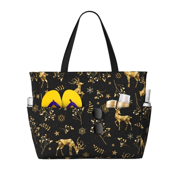 Sigee Christmas Gold Deers1 Print Extra Large Waterproof Beach Travel Bag with Zipper - Durable and Versatile for Vacation, Gym, and Daily Use