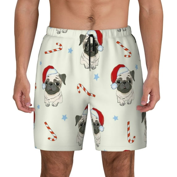 Sigee Christmas Pug Dog Print Mens Swim Trunks with Compression Liner Quick Dry Swim Stretch Beach Shorts with Pockets,S-3XL