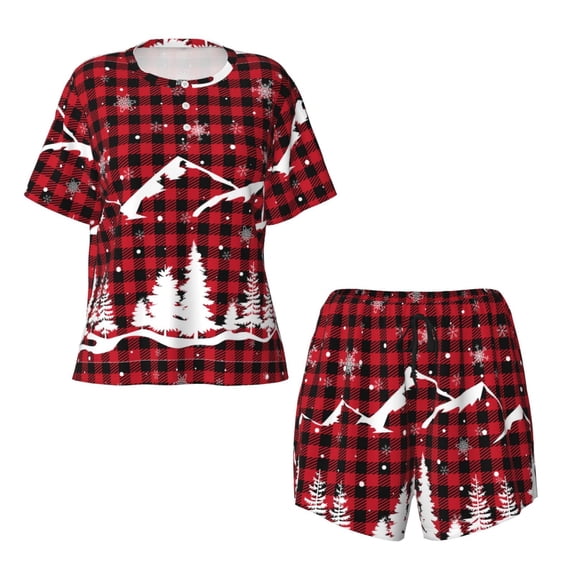 Sigee Christmas Tree Buffalo Plaid for Sleepwear Casual Pjs with Pockets Women's Pajamas Sets Shorts 2 Piece Short Sleeve Lounge Sets 3X-Large