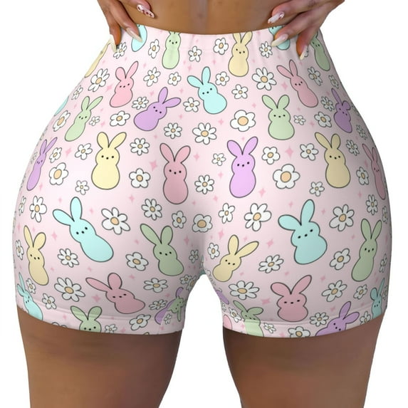 Sigee Colorful Bunny Print Women's High Waist Workout Shorts - Squat Proof, Tummy Control, Yoga and Gym Activewear-Small