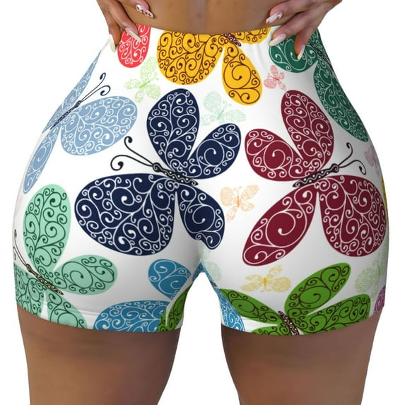 Sigee Colorful Butterflies Print Women's High Waist Workout Shorts - Squat Proof, Tummy Control, Yoga and Gym Activewear-Medium