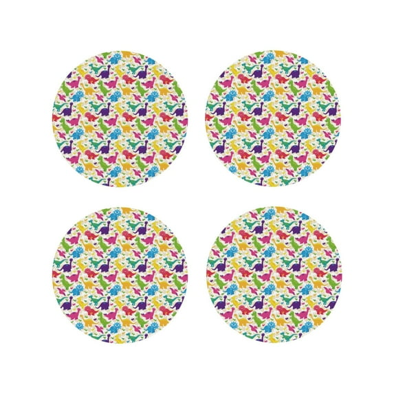 Sigee Colorful Dinosaurs for Water-Resistant, Heat-Resistant, Non-Slip Leather Coasters Set, Ideal for Coffee Table, Office, Bar, Home Decor-Round Shape