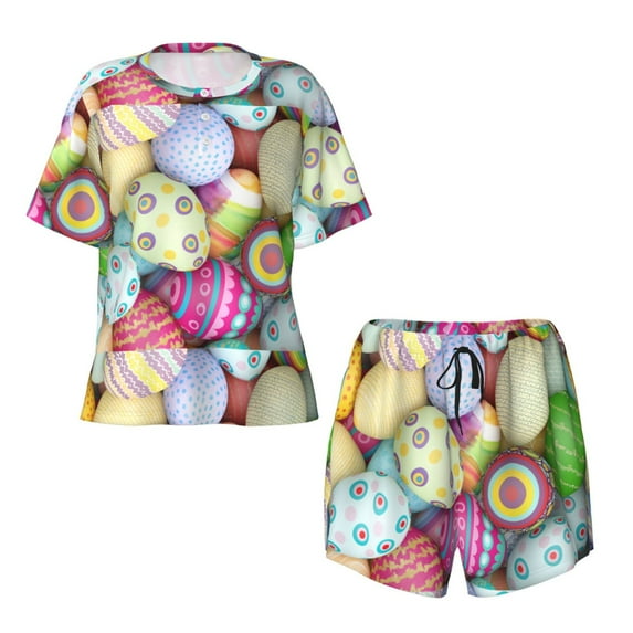 Sigee Colorful Easter Eggs for Sleepwear Casual Pjs with Pockets Women's Pajamas Sets Shorts 2 Piece Short Sleeve Lounge Sets 4X-Large