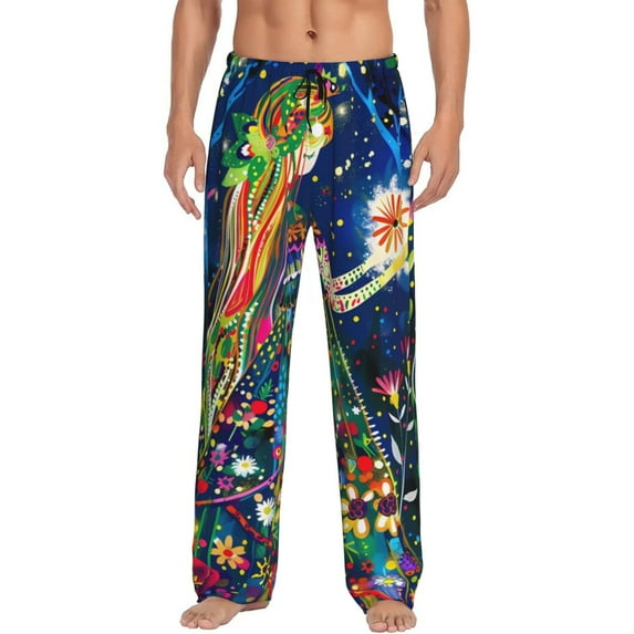 Sigee Colorful Floral Forest Fairy print Men's Pajama Pants Lounge Sleep Bottoms with Elastic Waistband and Pockets-Small