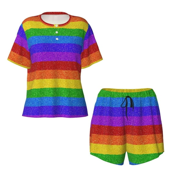 Sigee Colorful Glitter Rainbow for Sleepwear Casual Pjs with Pockets Women's Pajamas Sets Shorts 2 Piece Short Sleeve Lounge Sets X-Large