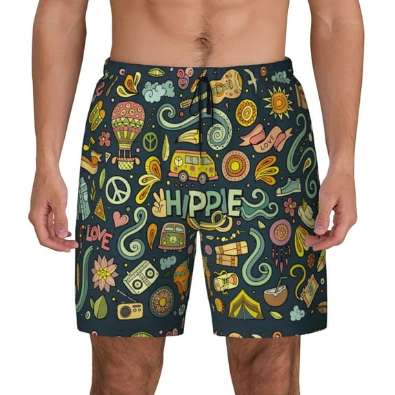 Sigee Colorful Hippie Print Mens Swim Trunks with Compression Liner Quick Dry Swim Stretch Beach Shorts with Pockets,S-3XL