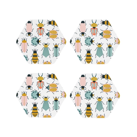 Sigee Colorful Insects for Water-Resistant, Heat-Resistant, Non-Slip Leather Coasters Set, Ideal for Coffee Table, Office, Bar, Home Decor-Hexagon