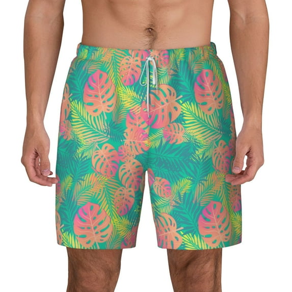 Sigee Colorful Palm Leaves Print Mens Swim Trunks with Compression Liner Quick Dry Swim Stretch Beach Shorts with Pockets,S-3XL