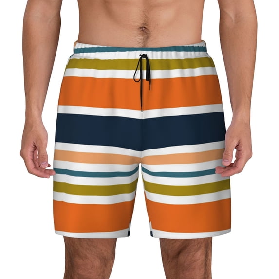 Sigee Colorful Pastel Stripes Print Mens Swim Trunks with Compression Liner Quick Dry Swim Stretch Beach Shorts with Pockets,S-3XL