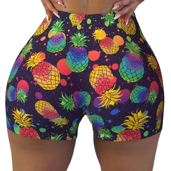 Sigee Colorful Pineapples1 Print Women's High Waist Workout Shorts - Squat Proof, Tummy Control, Yoga and Gym Activewear-Small