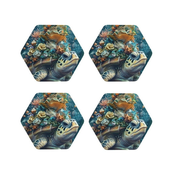 Sigee Colorful Plant Turtle for Water-Resistant, Heat-Resistant, Non-Slip Leather Coasters Set, Ideal for Coffee Table, Office, Bar, Home Decor-Hexagon