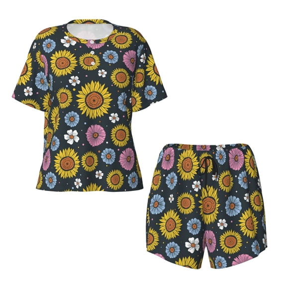 Sigee Colorful Sunflowers for Sleepwear Casual Pjs with Pockets Women's Pajamas Sets Shorts 2 Piece Short Sleeve Lounge Sets X-Large