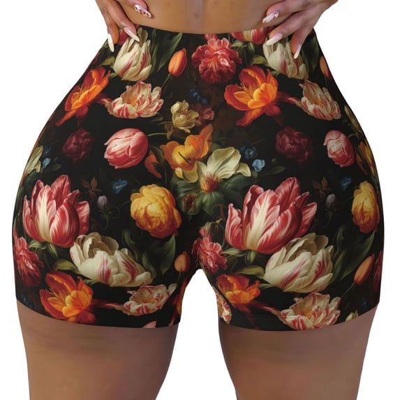 Sigee Colorful Tulips Print Women's High Waist Workout Shorts - Squat Proof, Tummy Control, Yoga and Gym Activewear-