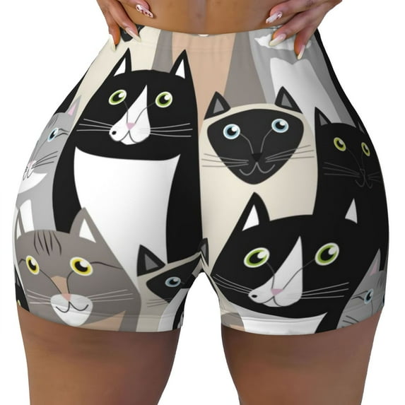 Sigee Colors Cats Print Women's High Waist Workout Shorts - Squat Proof, Tummy Control, Yoga and Gym Activewear-Small