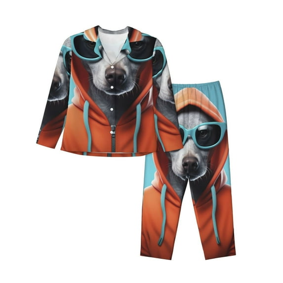Sigee Cool Dog In Hoodie for Women’s Pajama Sets Long-Sleeved Pjs Sets for Women 2 piece Sleepwear-X-Large