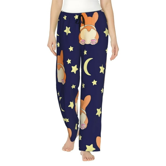 Sigee Corgi Lying With Moons And Stars Print Women's Soft Pajama Pants - Breathable and Comfortable Lounge Sleep Bottoms with Elastic Waistband and Pockets-Large